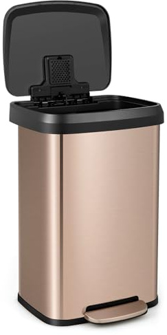 COSTWAY Poubelle Cuisine 50 Litres en Acier Inox, Poubelle Rectangulaire Pédale Amortisseur, Casier pour Désodorisant, Couvercle Fermeture Douce, Anti-Empreintes (50L | Or rose)