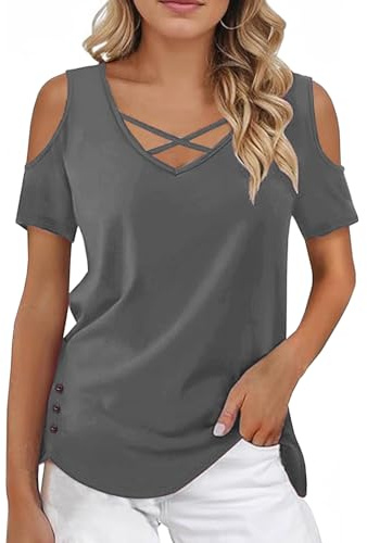 Rayson Sommartröjor för kvinnor T-shirts V-ringad kortärmad elegant off-shoulder cross t-shirt casual enfärgad topp, Grå, M
