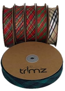 Trimz Schrägband mit Schottenmuster, Beige/Schwarz/Weiß/Rot, 20 m x 25 mm