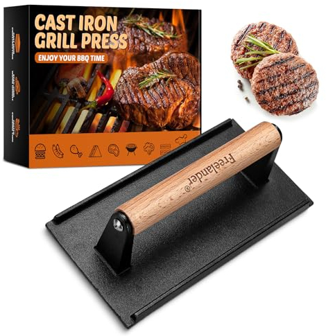 Freelander Pressa per Hamburger in Ghisa, Pressa per Barbecue Heavy Smash Burger Press Rettangolare da 1 kg con Manico Resistente al Calore, Smash Burger per Barbecue per Bistecche, Hamburger, Bacon,