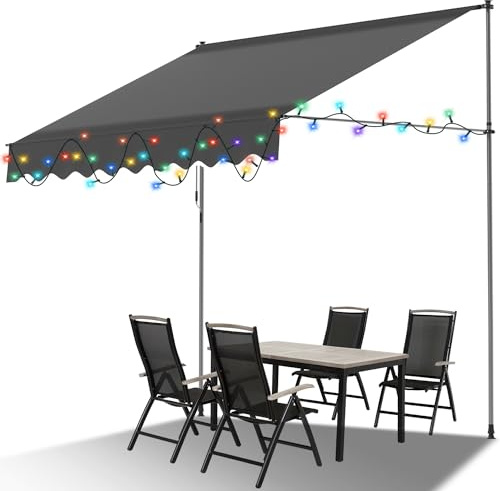 Vkechh Klemmmarkise 250cm Grau mit Handkurbel ohne Bohren, 2 in 1 Balkonmarkise mit Bunt Solar Lichterkette, UV-beständig & höhenverstellbar, Sonnenschutz wasserdicht