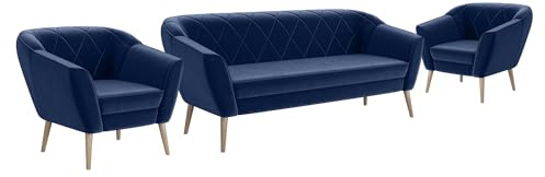 MEBLINI Mini Sofa Set 3-1-1 für Wohnzimmer - Mini Lounge für fünf Personen - Küchensofa - Sofa Klein - Sitzgarnitur - Polstergarnitur - Sofagarnituren - Gisela - 3+1+1 - Blau Samt