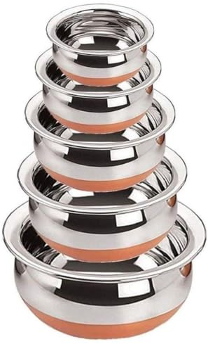 KC Stainless Steel Copper Bottom Kitchen Serving, Cooking Bowl | Handi Set 5-Pieces | Biryani Handi