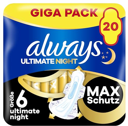 Always Ultimate Night Bindning, damstorlek. 6, 20 sanitetsbindor med vingar, superabsorberande och ultratunna