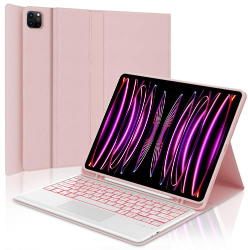 IVEOPPE Tastatur für iPad Pro 12,9 Zoll, Hülle mit Tastatur für i Pad Pro 6. Generation, Bluetooth QWERTZ Magnetische 7-Farbige Beleuchtung Keyboard für iPad 12.9 (6/5/4/3 Gen) 2018-2022, Rosa
