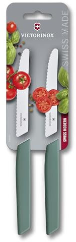 Victorinox Swiss Modern, Tomaten & Tafelmesser, Gemüsemesser-Set, 2-teilig,11cm, Extra Scharfer Wellenschliff, Spülmaschinenfest, Sage