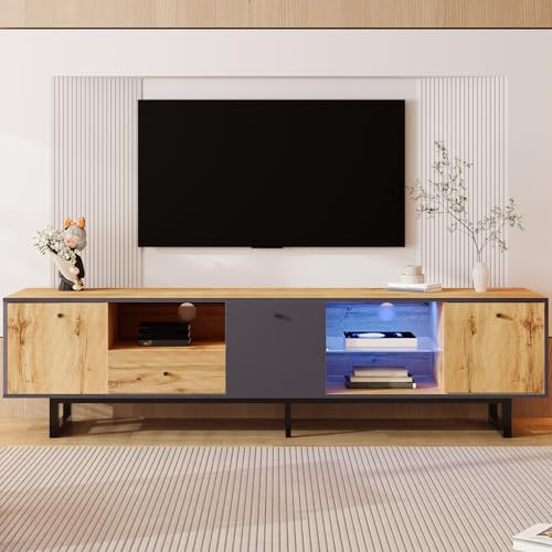 BTM TV-Lowboard, LED, TV-Schrank 190, mit Trennwand aus Glas, Pufferscharnier, Fächer und Schublade, industriell, Holz & Metall, Schwarz