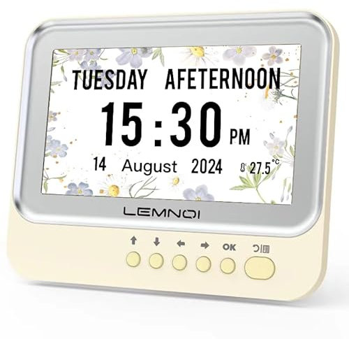 Lemnoi 7 Zoll Digitaler Kalender,Seniorenuhr mit Datum und Wochentag,Wanduhr für Demenzkranke mit Temperatur,15 Wecker&Erinnerung an Medikamente (Neu 7 Zoll weiß)