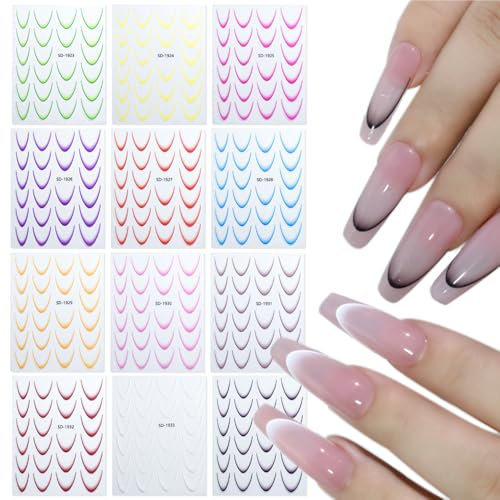 SSyang 12 Hojas de Coloridas Pegatinas de Línea Francesa Degradadas, Manicura Francesa Pegatinas, Calcomanías de Punta Francesa para Uñas, Pegatinas Uñas, Pegatinas Uñas Semipermanente, para Mujeres