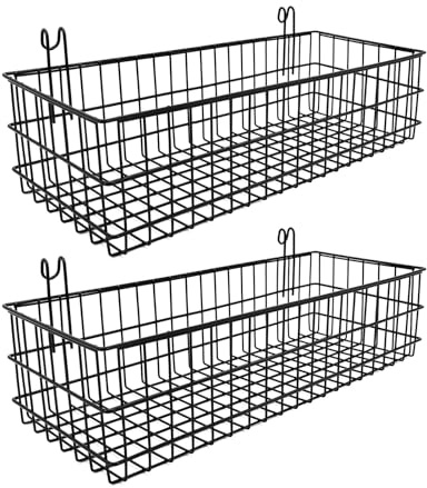 ANZOME 2 Pack Metal Hanging Wire Baskets with Hooks, Black Wire Wall Baskets for Grid Panel Organizer, Multi-Function Grid Wall Baskets for Kitchen Bathroom Storage Display Shelf, Home Decoration