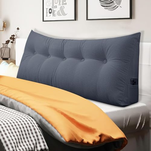 JIcloun Rückenkissen Keilkissen für Bett und Sofa, 80 cm Grau Bequem Wandkissen Bett - Seitentaschen, Waschbarem Bezug - Lesekissen ist ideal zum Anlehnen im Sofa/Bett