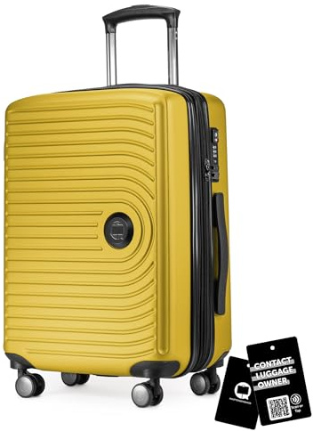 Hauptstadtkoffer Mitte - Handgepäck Trolley + Digitaler Gepäckanhänger, Kabinenkoffer mit Erweiterung + Koffertag, TSA, 4 Doppel-Rollen, Rollkoffer Hartschale ABS, Gelb