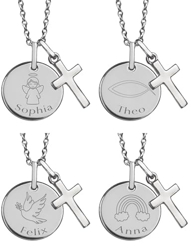 Taufkette mit Kreuz, Personalisierte Kette für Mädchen Jungen Baby Kinder | mit Gravur Namen, Geschenk zur Taufe und Kommunion Taufgeschenk Patenkind, Kinderkette Namenskette