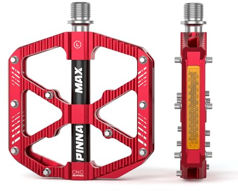 PINNAMAX MTB-cykelpedaler – CNC-aluminium, 3 tätade lager, anti-slip – Pedaler för mountainbike, BMX, elcykel och landsvägscykel (Röd)