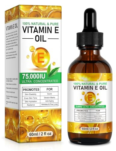 Vitamin E Oil for Skin,75.000 UI Olio di vitamina E puro per viso, capelli,Unghie e corpo che stringono la pelle ingrossata,Ridurre linee fine e cicatrici,Non OGM