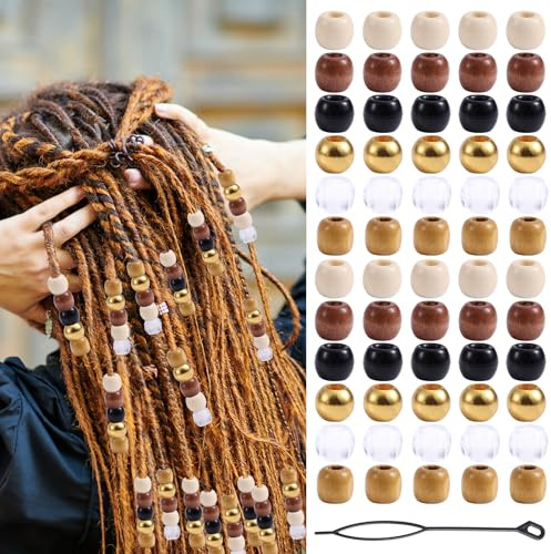 BOXOB 60pz Perline in Legno per Treccine, 6 Colori Accessori Treccine Kit Creazione Gioielli con Infila Perline Decorazioni Tubo Capelli Fermagli Treccia Fai-da-Te con Ciondoli per Donna e Uomo