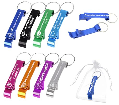 Lot de 100 Décapsuleur Porte-Clés Personnalisé en Aluminium, Multifonctionnel Ouvre Bouteille, Gravure Texte/icônes/Datum/Name, Cadeau Mariage Événements Festivals Rassemblements (100)