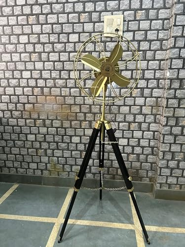 Adjustable Tripod Pedestal Fan – Brass Finish Retro Wooden Base Industrial Fan for Home Office Studio Corner Décor Unique Retro Nautical Design
