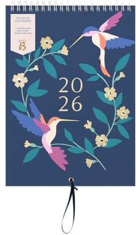 Busy B 2026 väggkalender för par – fåglar smal design med dubbla scheman, månatliga fickor och klistermärken hängande kalender för delad planering, födelsedagar och viktiga datum – jan till dec