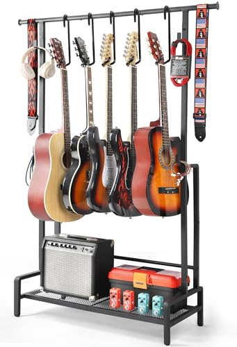 Bikoney Soporte para Guitarras de Suelo para 5 Guitarras, Soporte Ajustable para Guitarra Acústica, Eléctrica, Bajo y Ukelele, Estante Robusto con Repisa para Amplificador y Ganchos de Accesorios