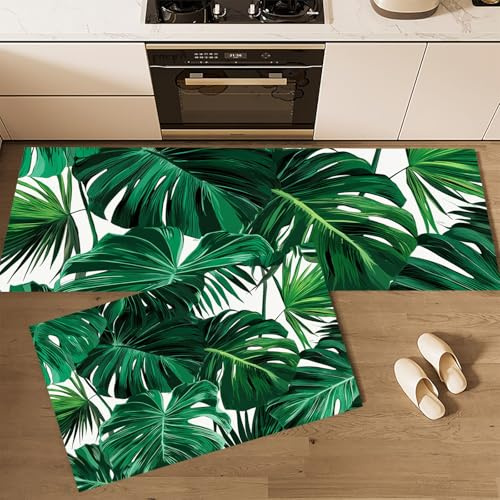 MLSOWM Non-Slip Kitchen Rugs Monstera Leaves Machine Washable Carpet Tropical Leaves Runner Rug Mat for Kitchen Entryway Hallway Laundry Room, 40x60cm+40x120cm, Forest Green