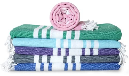 Occosa Turkish Cotton Beach Towel Pack of 6 & 1 Boho Tote Bag - Hammam Towels - No Shrink - Quick Dry - Lightweight - Sand Free - Camping - Pool - Blue,Gray,Purple, Coral,Green,Navy (40x70)