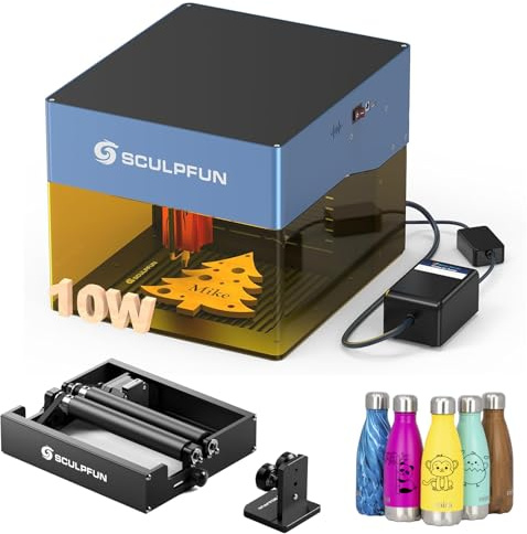 SCULPFUN iCube Pro Max 10W Laser Graviermaschine mit RA Mini-Rotationswalze, Wabenplatte, Luftpumpen-Kit, Schaumstoff-Kit, Offline-Gravur, Lasergravierer, Papier, Holz, Kunststoff