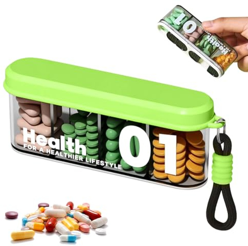 Yooyan Bärbar daglig pillerarrangör, pillerask med 4 fack, liten tablettlåda separat lock, liten för resor, för mediciner, vitaminer, fiskolja
