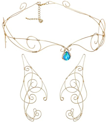 Wikinger Kostüm Damen Krone Renfaire Mittelalterliches Goldenes Schmetterlings Ohrklett Set 2 Stück Blauer Kristall Fee Kranz für Faschingskostüme Karneval Halloween Cosplay Erwachsene Frauen