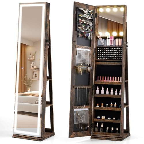 RELAX4LIFE 360° drehbarer Schmuckschrank, freistehender Spiegelschrank mit LED-Lichtern in 3 Farben, Schmuck-Armoire mit Ganzkörperspiegel, Schmuckaufbewahrung für Schlafzimmer (Rustikales Braun)