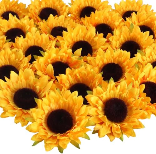 Minnhua 24pcs Girasoles Artificiales Grandes Decoración, Cabeza de Flores Artificiales Tela 9cm Girasoles Decoracion Amarillas sin Tallo para Boda Bricolaje Cumpleaños Ropa Bautizo