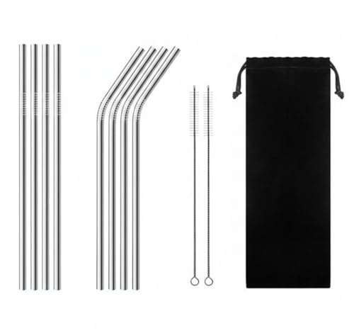 12 Pack Stainless Steel Reusable Drinking Straws with 2 Cleaning Brushes – Metal Straws for Smoothies, Milkshakes, Coffee, Cocktails & Hot Drinks – Dishwasher Safe