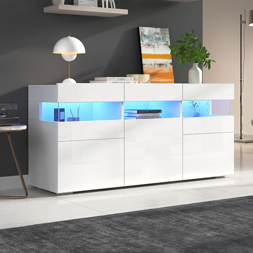 FammyLoft Vardagsrums-ideboard, skåp med 3 dörrar och 7 förvaringsfack, högblankt vardagsrumsskåp med LED-ljuslist, universalskåp med transparent akrylhölje, 140 x 40,5 x 66,5 cm, vit