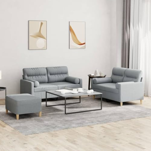 ZQQLVOO 3-TLG. Sofagarnitur mit Kissen Hellgrau Stoff, 3-teiliges Sofa Set mit Rollkissen und Fußhocker aus strapazierfähigem Stoff, Robustes Gestell, Bequeme Polsterung