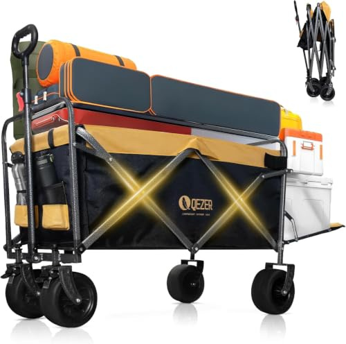 QEZER Chariot Pliable avec Roues Tout Terrain,Capacité de Charge Chariot de Transport Multifonction pour Plage，Jardin, Camping, Pêche et Barbecue (Noir et Jaune, Charge 210 kg, Volume 250 L)