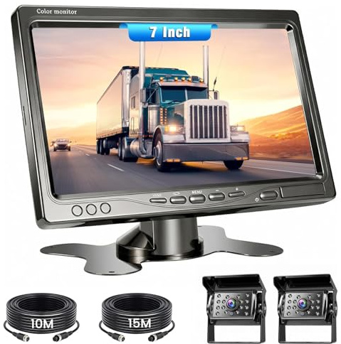 Kit Telecamera di Retromarcia con Monitor da 7 per Veicoli, 2 Telecamere di Retromarcia, Impermeabile IP68, Visione Notturna a 18 IR, Cavo di Assistenza al Parcheggio per Rimorchi/Autobus/Furgoni