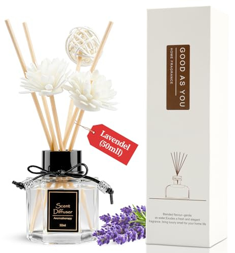 WOHSEROM Lavendel Raumduft Stäbchen 50ml – Beruhigender Duft für Zuhause – Reed Diffuser mit 6 Rattanstäbchen – Langanhaltender Lufterfrischer für Schlafzimmer & Bad