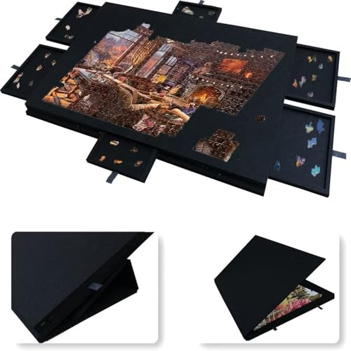 Pusselbräda, Fällbart Lutningsbord Med 2-i-1-stativ Och Lock, Lätt Filtförvaringsväska 6 Lådor, Bärbar For 1000/1500 Pusselbitar For Vuxna Barn(Black,90 * 63 * 4.2cm(1500))