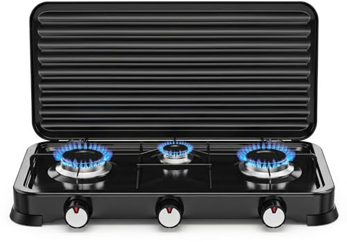 Cocina de Gas Portátil 3 Fogones 5.4kW – Hornillo Camping Butano/Propano con Tapa, Fuego Ajustable, Alta Potencia para Camping, Exterior, Viajes y Cocina al Aire Libre. (3 Fogones)