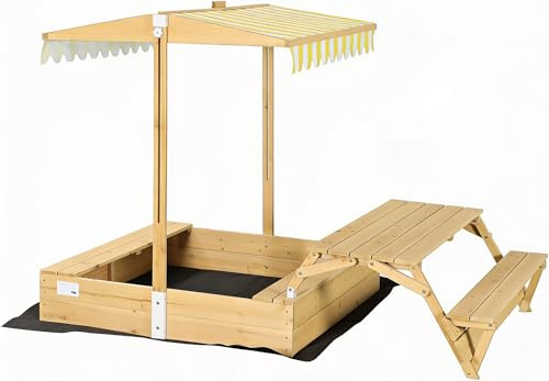 needs&wants® Sandlåda i trä med picknickbord och tak, bänkar och skydd, sandlåda för barn med fällbart lock, UV-solskydd, sandlåda kvadratisk för trädgård utomhus, lekplats, gul, vit, brun