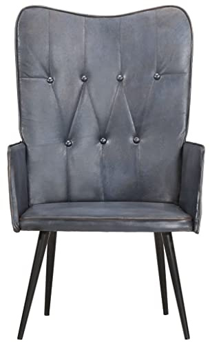 GeenYuu Öronfåtölj grått äkta läder med knappdesign, vadderad och robust pulverlackerade järnfötter, 55 x 41 x 97 cm, perfekt som vardagsrum eller avslappningsstol