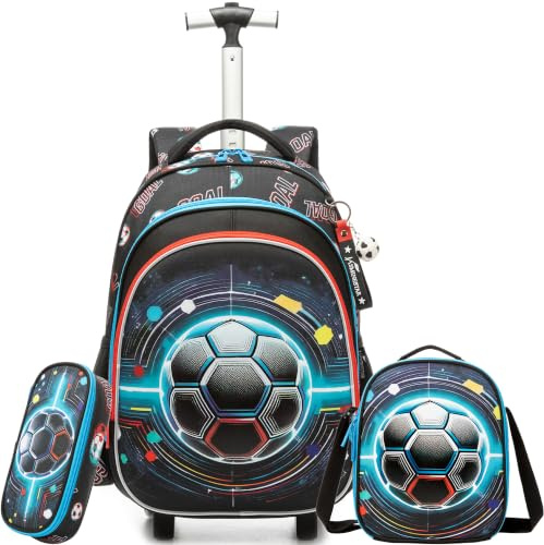 HTgroce Sac à Dos à Roulettes Garçon Cartable Scolaire Primaire Set 3 Pièces avec Sac Trousse Trolley CP CE1 CE2 CM1 CM2