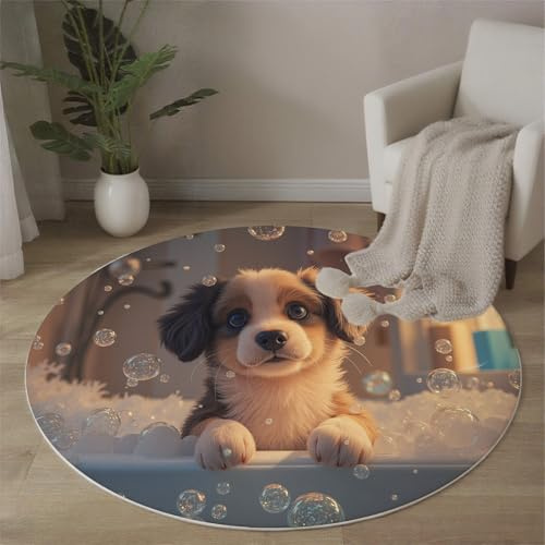 ZISTRCBAO Badewanne Hund Schaumbäder Teppich Rund- Waschbare Teppiche Wohnzimmer 3D-Cartoon-Tiere - Runder Teppich 60cm Warme Farben - Bettvorleger Schlafzimmer rutschfest Weich