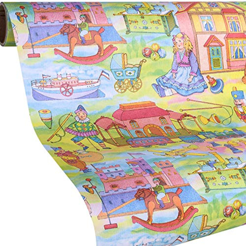 Geschenkpapier Kinder Spielzeug - CLASSIC Kindergeschenkpapier Rolle 5m + gratis 9x Geschenkanhänger - Mädchen & Jungs - Kindergeburtstag, Ostern, Weihnachten, Einschulung
