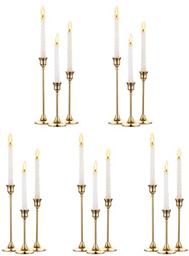 5 Sets(15 Pcs) Brass Gold Metal Taper Candle Holders Candlestick Holders, Vintage Modern Decorative Centerpiece Candlestick Holders for Table Mantel Wedding Housewarming Gift