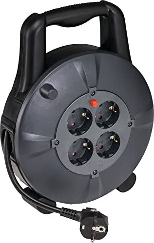 as - Schwabe enrollacables de 10 m H05VV-F 3G1,5-4 tomas 230 V / 16 A / 3.500 W - Protección contra sobrecalentamiento - IP20 - Carrete Negro/Gris, 16086