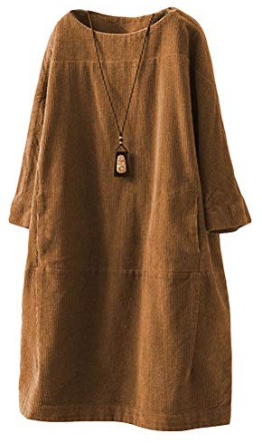 FTCayanz Robe Femme Oversize Tunique Velours Côtelé T-Shirt Robe Lâche Élégante Coton Longue Tops Chameau M