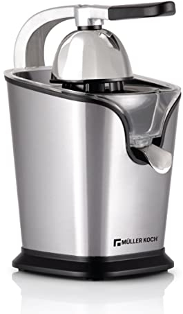 Müller Koch - Exprimidor eléctrico (motor de 160 W, INOX, incluye 2 conos, exprimidor de zumos y exprimidor de cítricos, con brazo de palanca