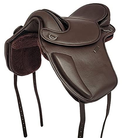 A&M Reitsport Selle de dressage Sheffield sans arbre en cuir de vachette avec coussin Velcro Marron 17