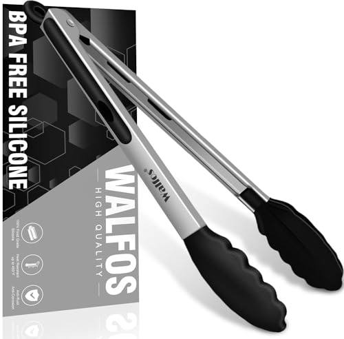 Walfos Küchenzange Grillzange Hitzebeständige (480°F) Kochzange,Verdickter Edelstahl und BPA-freie Silikonspitzen, Great for Cooking, Grilling, 30.5cm Food tongs
